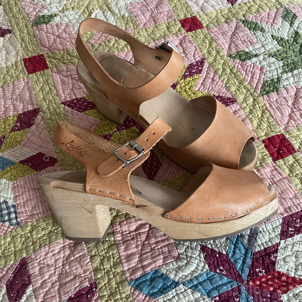 Lotta From Stockholm Tan Leather Mules Open Toe Wooden Clog 40